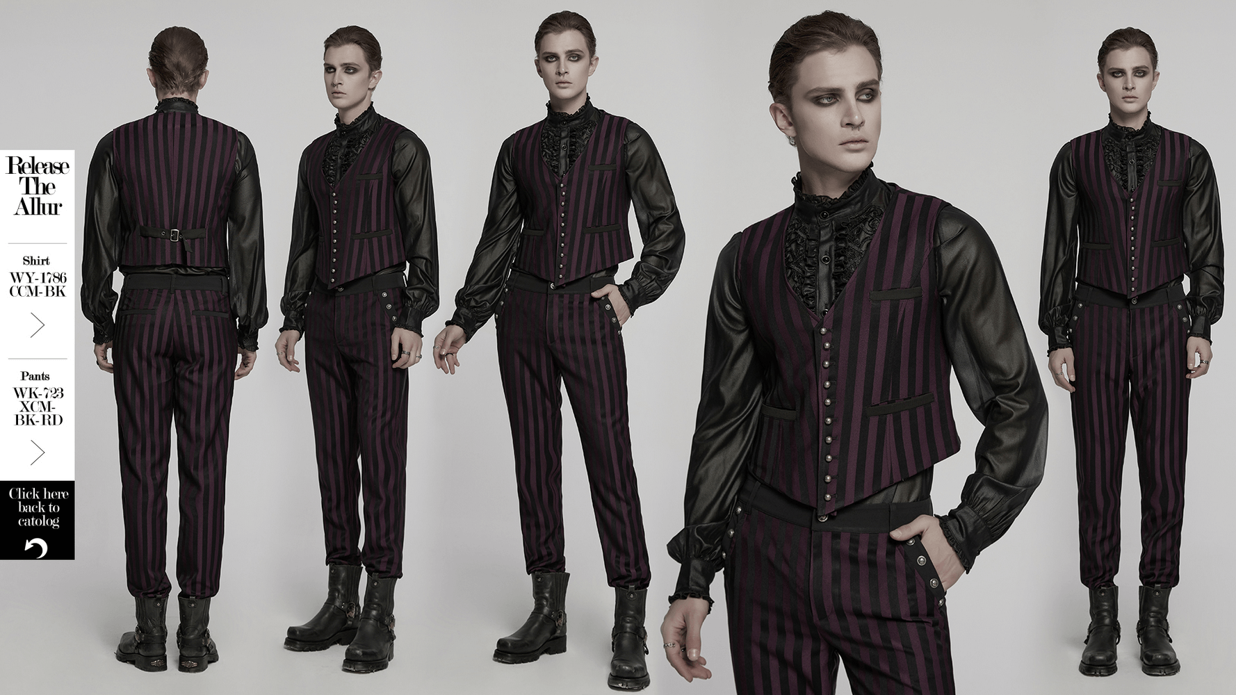 Elegant gothic striped waistcoat for men, featuring a deep V-neck and retro buttons, perfect for steampunk fashion.
