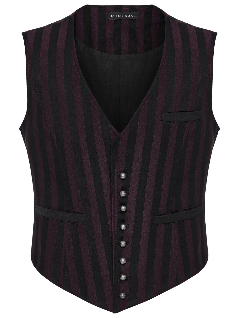 Elegant Gothic striped waistcoat for men with retro buttons and V-neck, perfect for steampunk fashion.