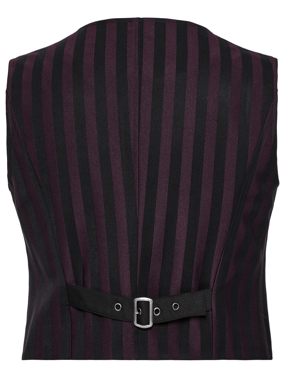 Back view of elegant gothic striped waistcoat for men with adjustable buckle strap, perfect for steampunk style.