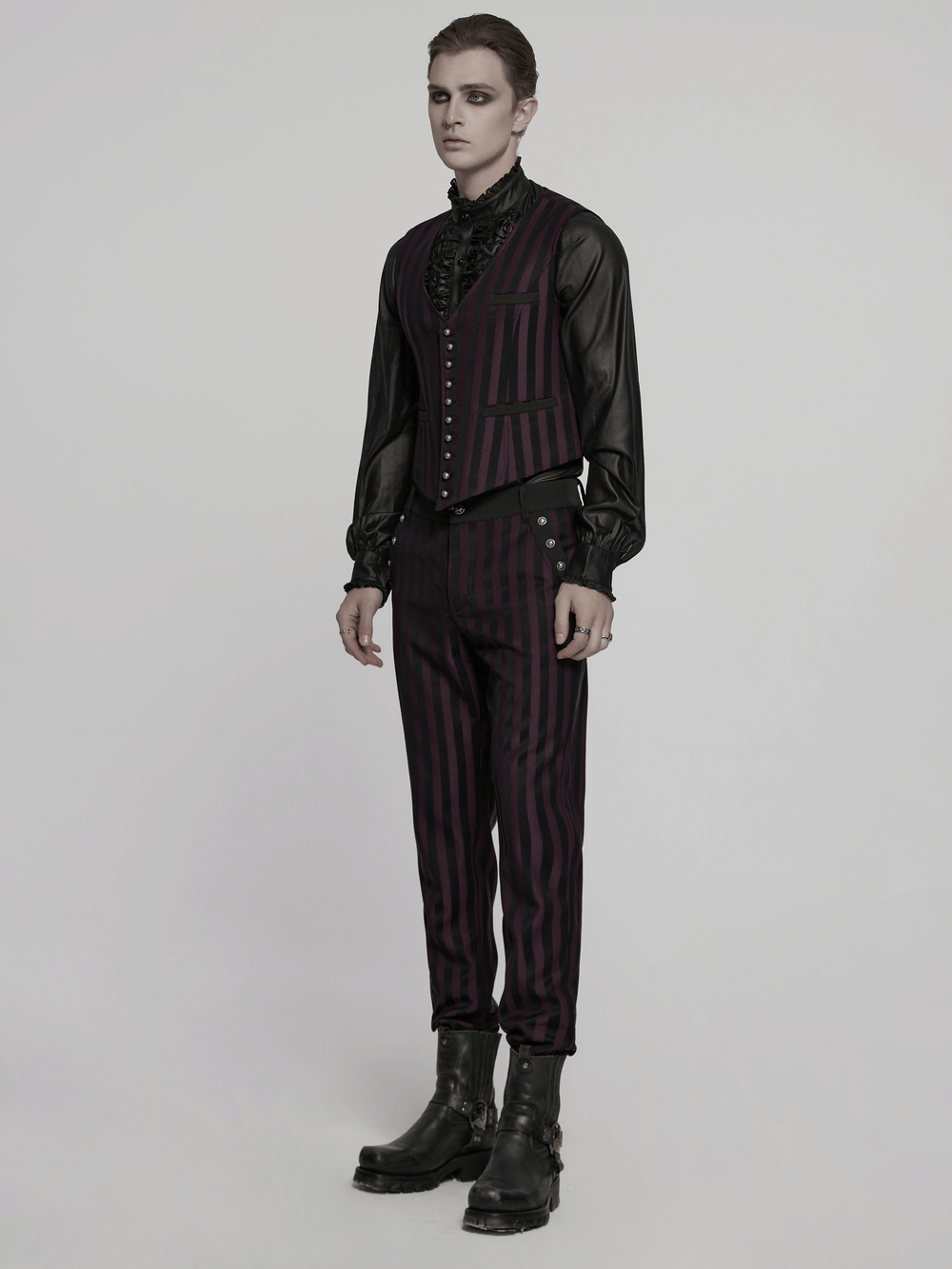 Elegant Gothic striped waistcoat styled with slim-fit pants, perfect for steampunk and alternative fashion enthusiasts.