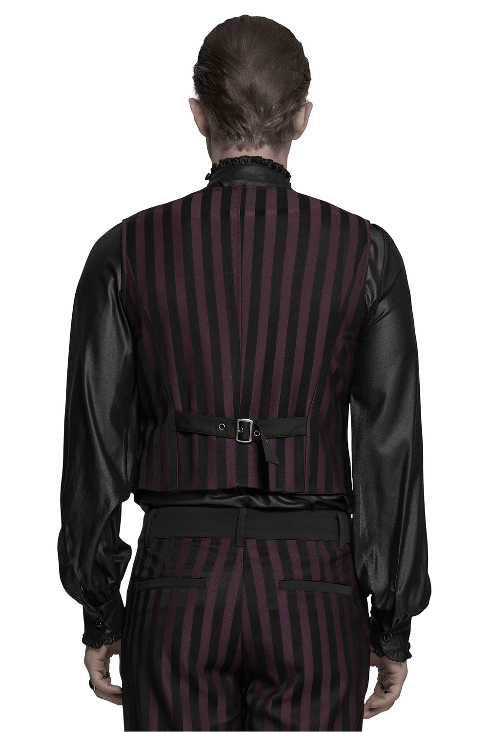 Back view of an elegant gothic striped button-up waistcoat for men, featuring a black buckle strap and sleek fit.