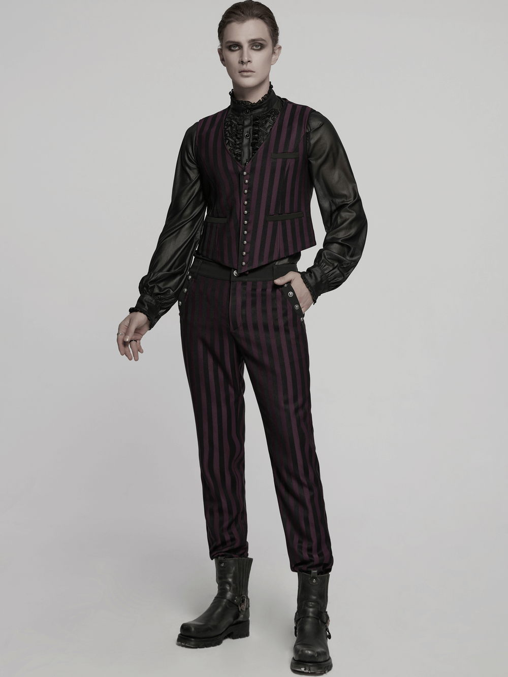 Elegant Gothic striped button-up waistcoat for men, styled with darkwear pants and boots, perfect for alternative fashion.