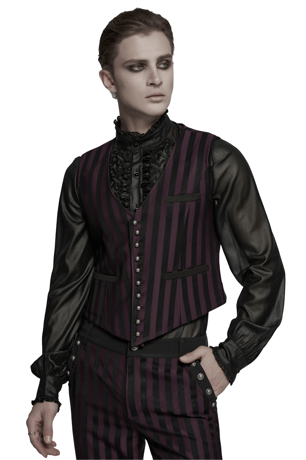 Elegant Gothic striped button-up waistcoat for men, featuring a deep V-neck and retro carved buttons, perfect for steampunk looks.