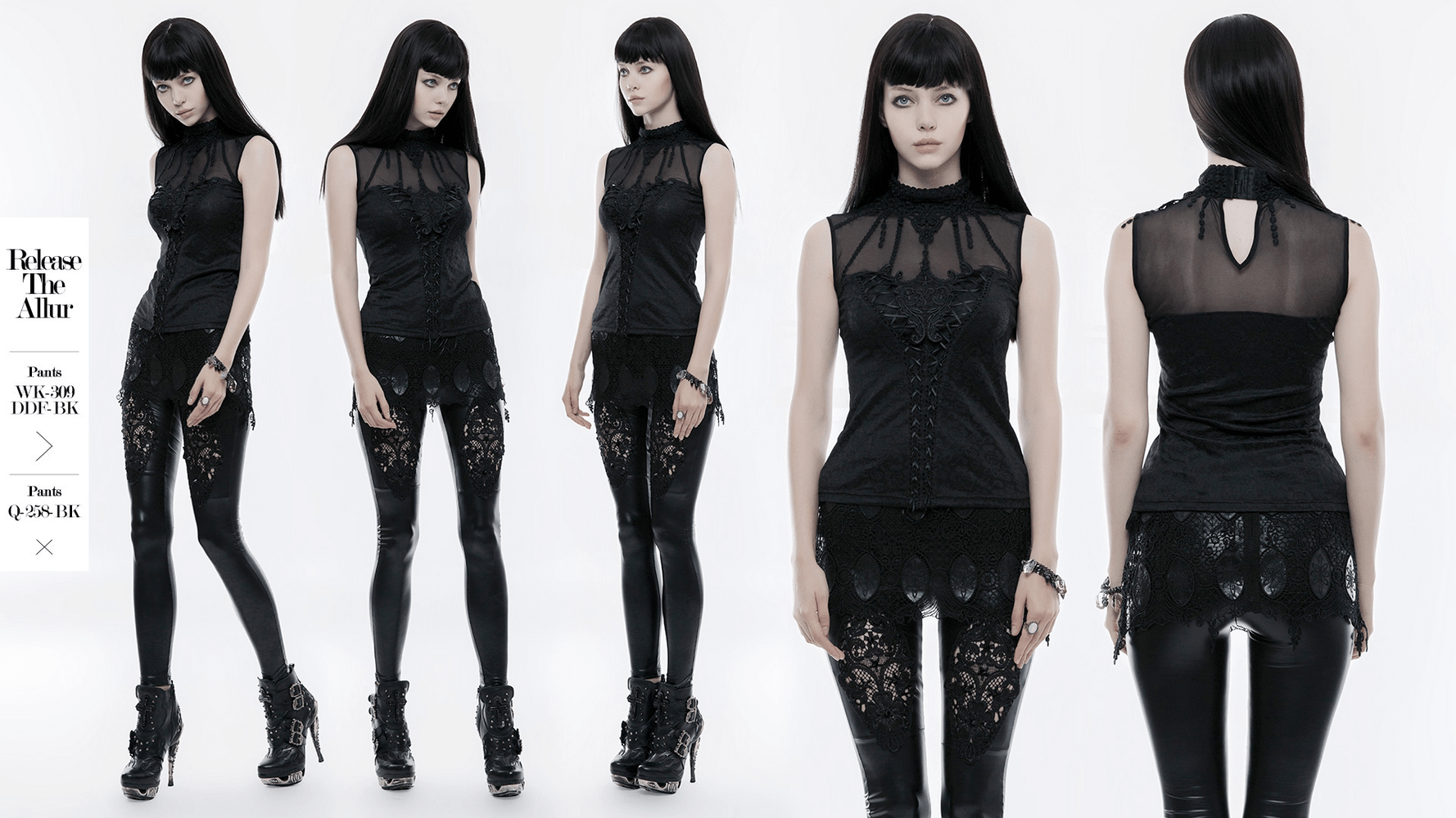 Elegant Gothic black fringed lace tank top showcasing its stylish design and intricate details on a model.