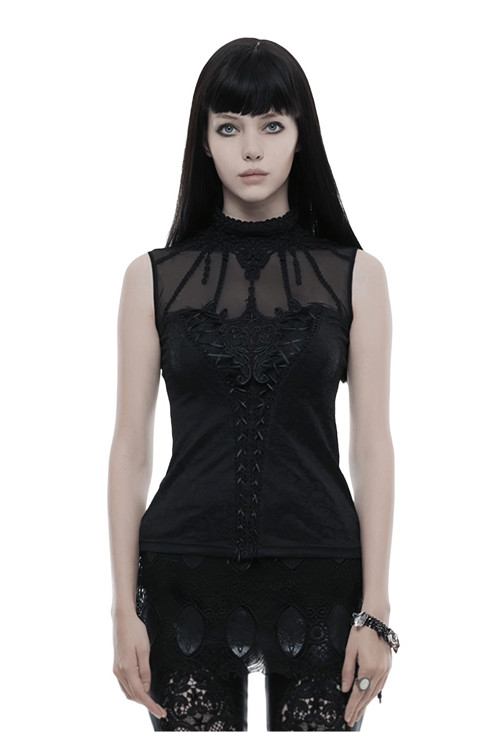 Elegant black fringed lace tank top showcasing Gothic Victorian style with sleeveless design and intricate details.
