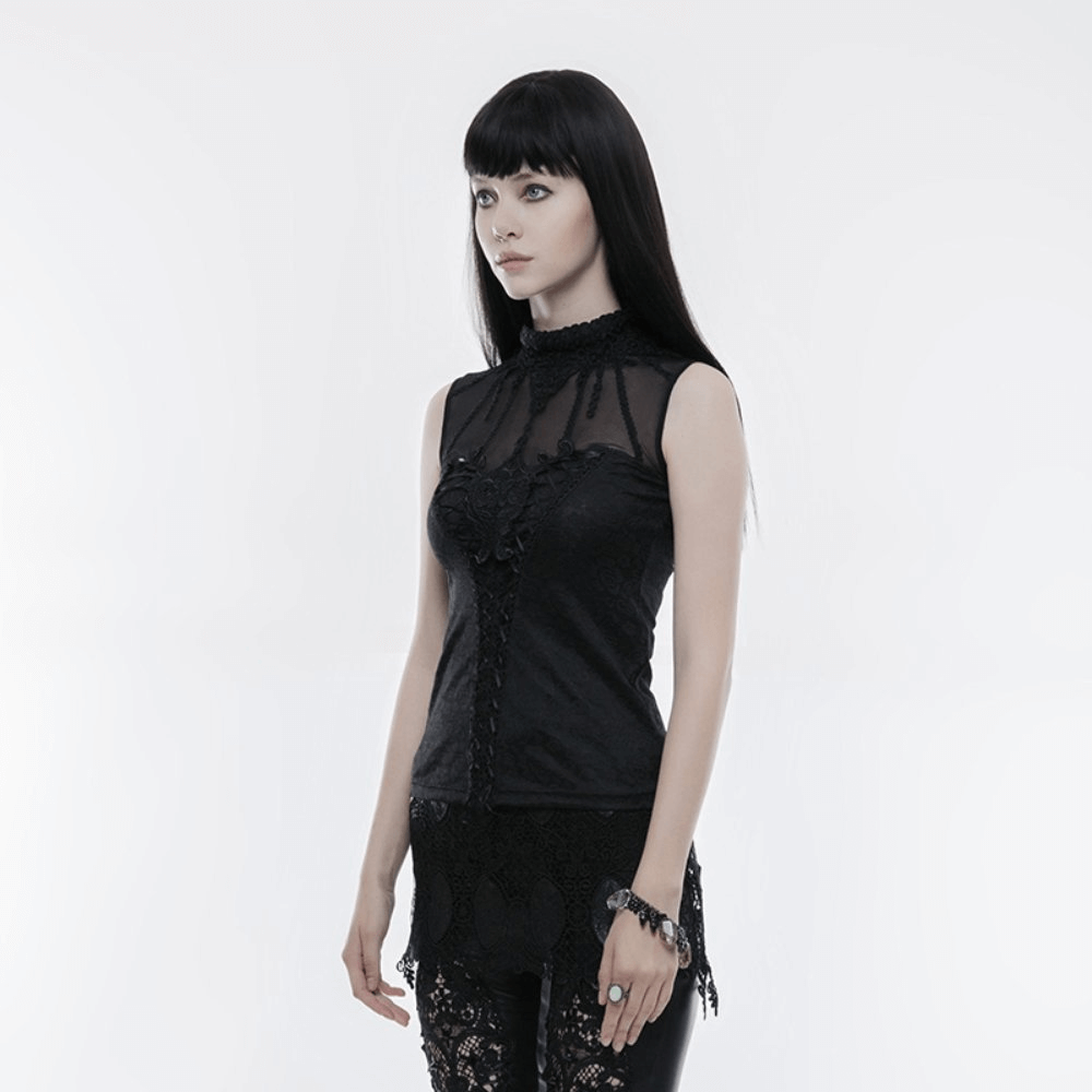 Elegant Gothic-style black fringed lace tank top with Victorian accents and punk flair.