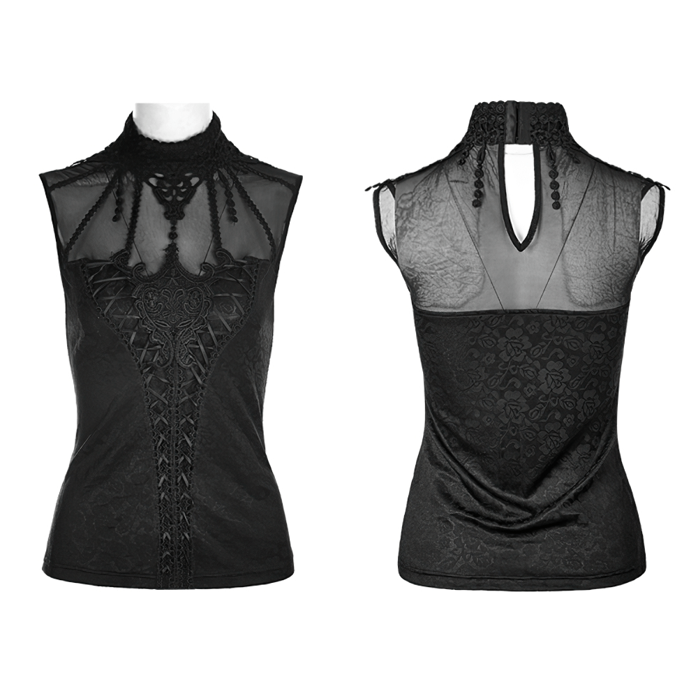 Elegant Gothic black lace tank top with fringed collar, showcasing a sleeveless style for punk-inspired fashion.