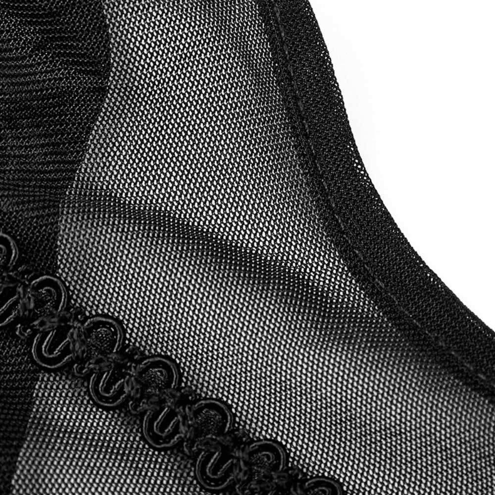 Close-up of black knitted fabric with fringed lace and adjustable buckle of gothic-style tank top.
