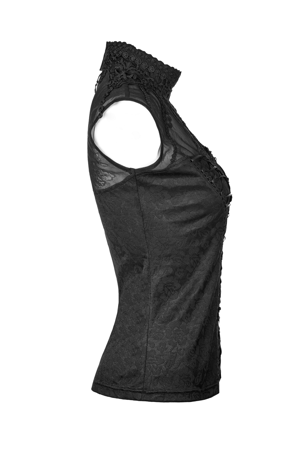 Elegant black Gothic lace tank top with fringed collar and sleeveless design, perfect for stylish outfits.