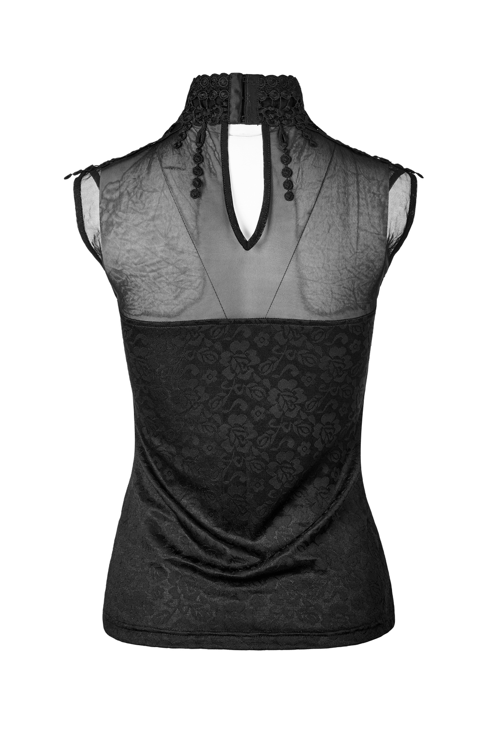 Elegant Gothic black tank top with fringed lace collar, showcasing a stylish back design and Victorian-inspired details.