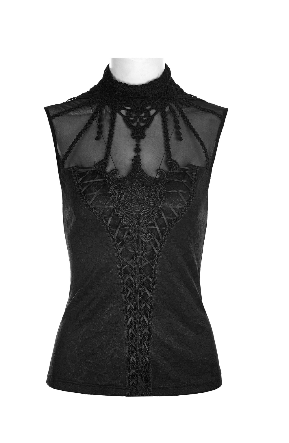 Elegant black Gothic lace tank top with high collar and intricate detailing.