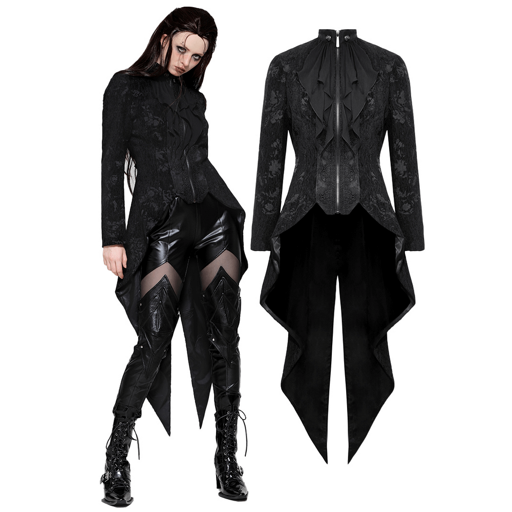 Elegant Gothic tailcoat for women featuring Victorian ruffles, lace fabric, and a dramatic long tail design.