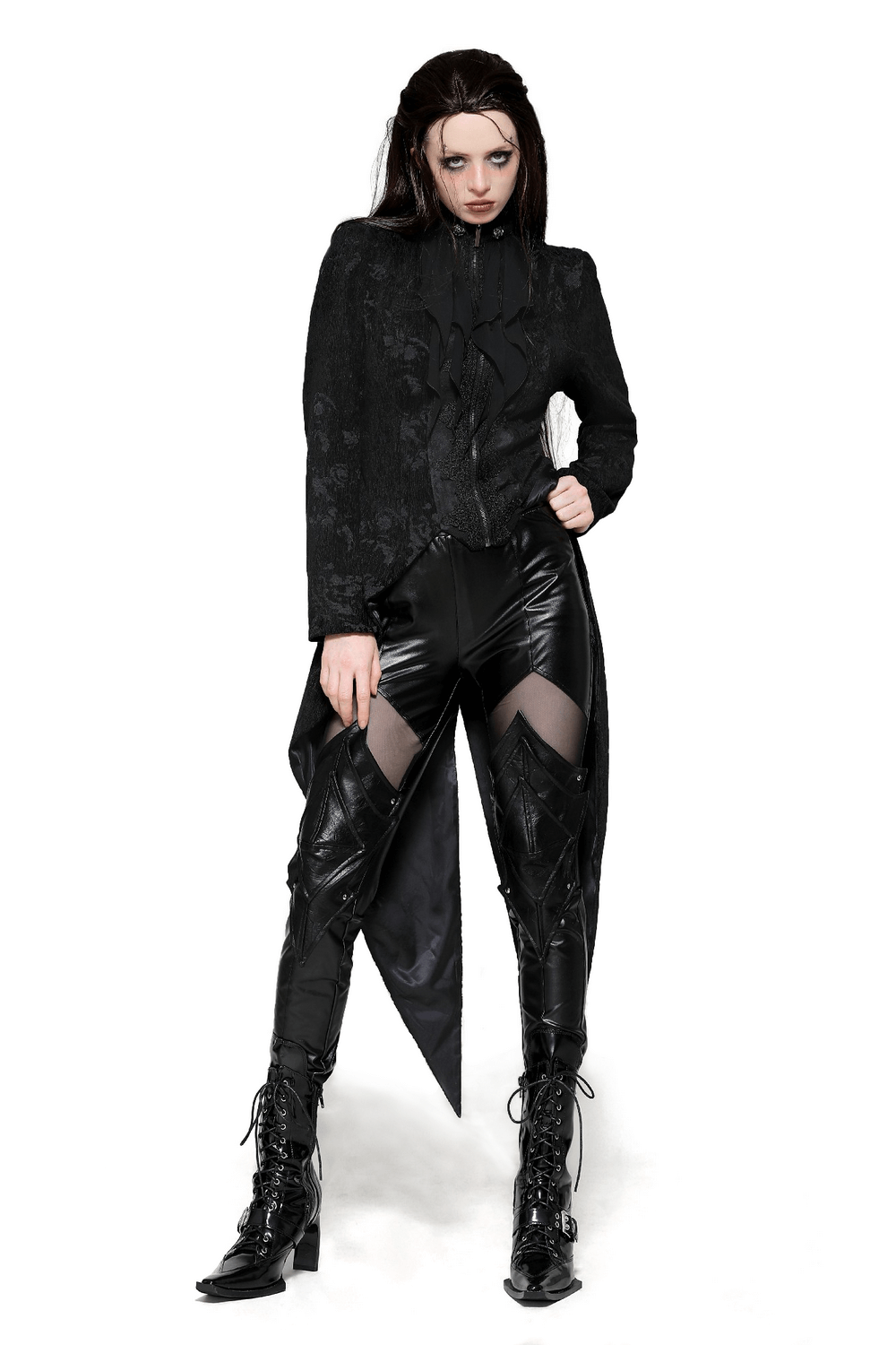 Elegant gothic tailcoat with ruffled design, paired with sleek black pants and stylish boots for a strikingly dark look.