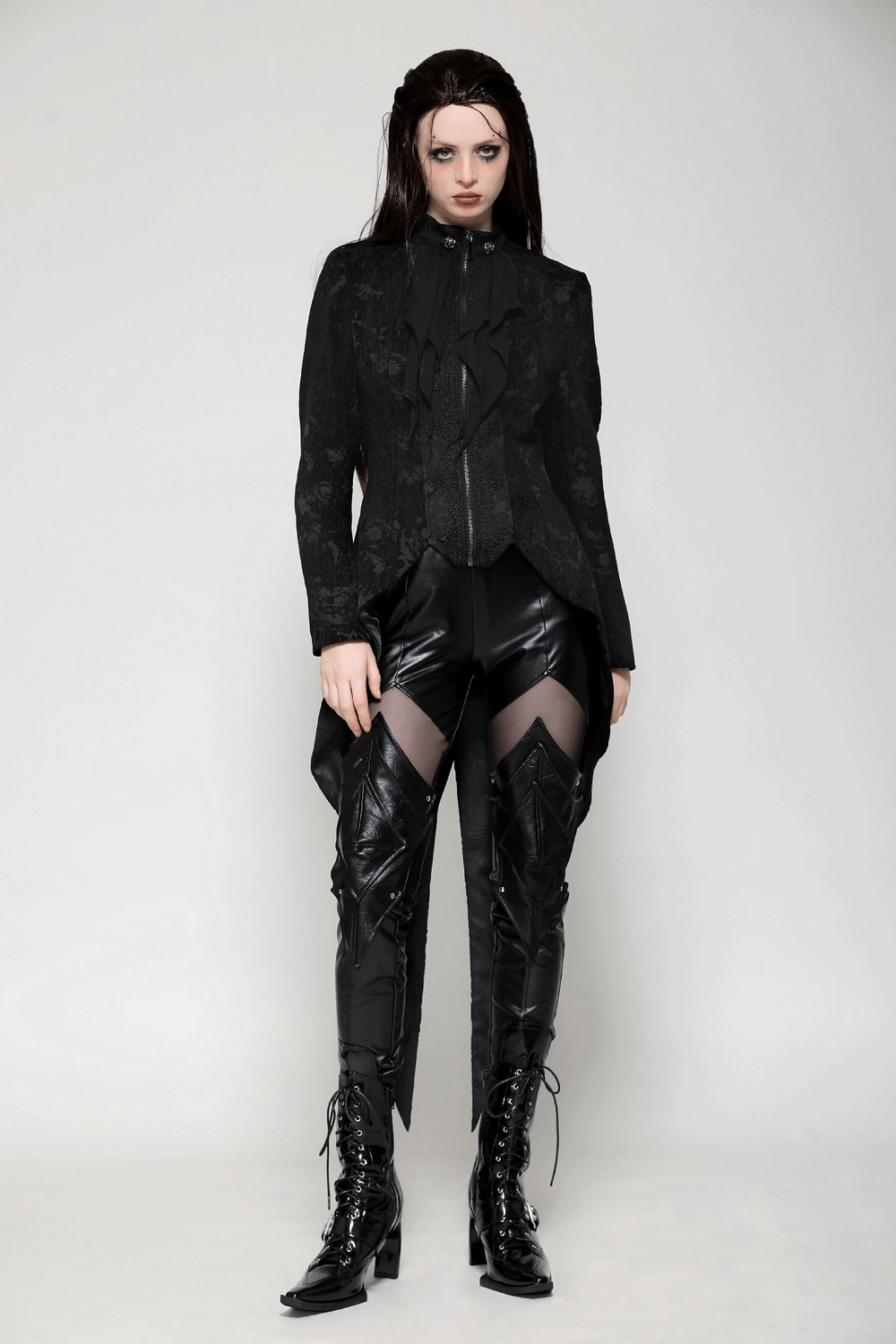 Elegant Gothic tailcoat paired with sleek black leggings for a striking Victorian-inspired look. Perfect for dark aesthetic wear.