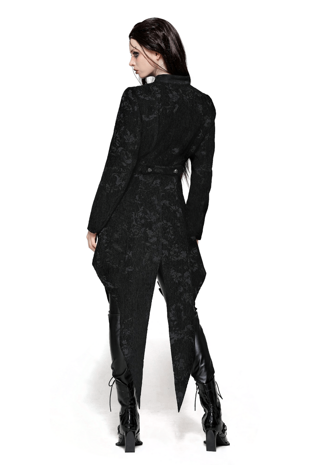 Elegant Gothic tailcoat with Victorian ruffled design, showcasing intricate floral patterns and dramatic long tail.