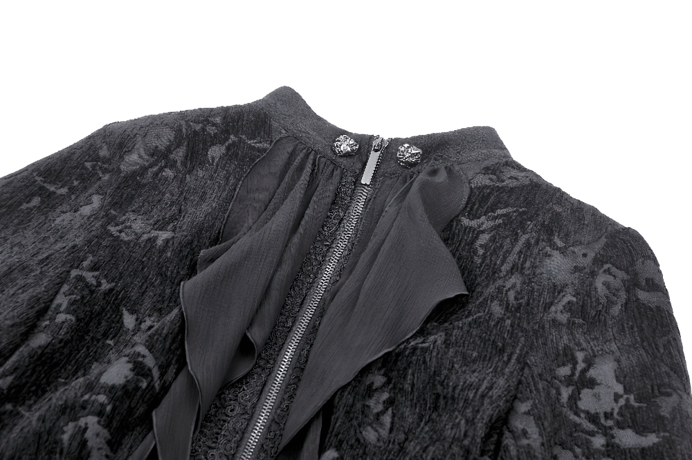 Elegant Gothic tailcoat close-up showing intricate ruffles and zip-up detail, perfect for Victorian-inspired fashion.
