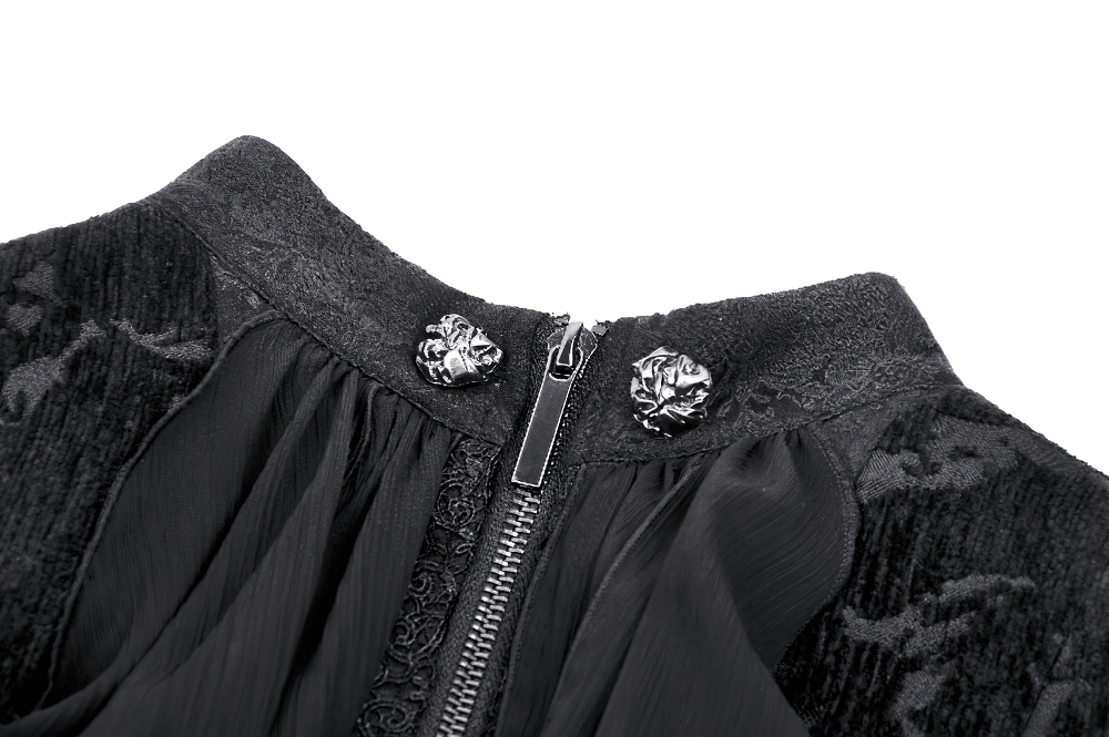 Elegant black Victorian-inspired tailcoat with intricate floral patterns and decorative zip closure.