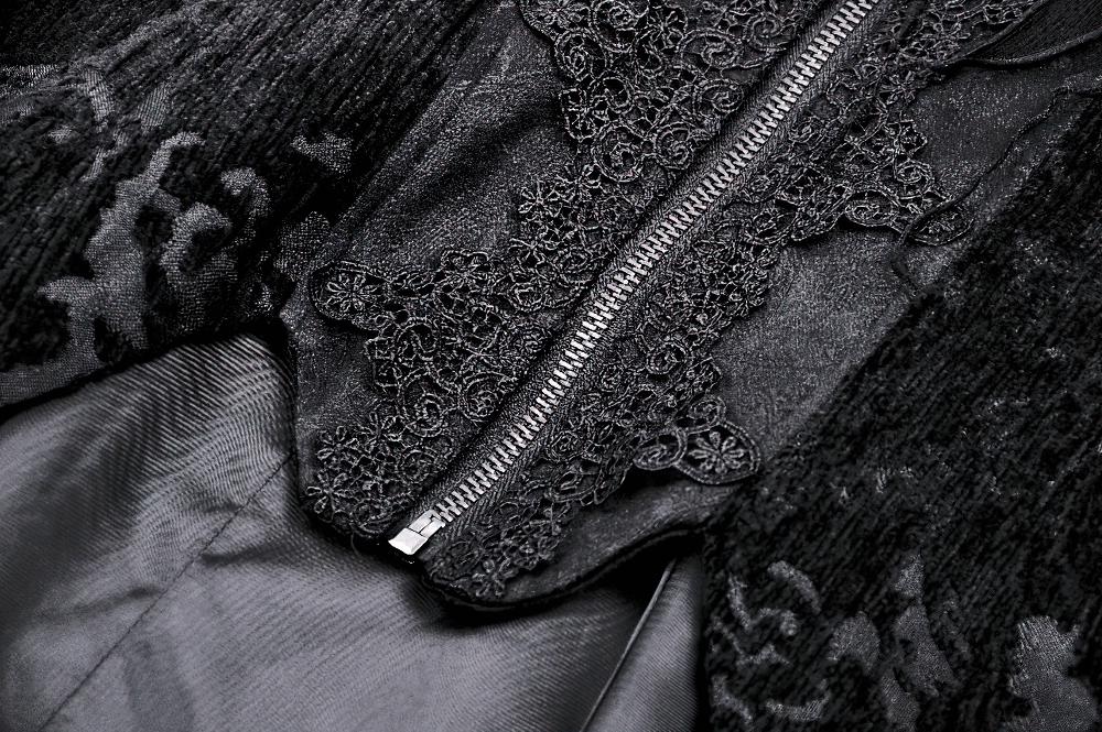 Intricate floral lace and zip-up detail of an elegant Gothic Victorian tailcoat for women.