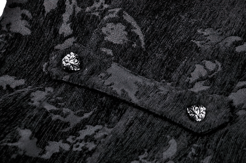 Close-up of intricate floral pattern on elegant Gothic tailcoat with decorative buttons. Perfect for a Victorian-inspired look.