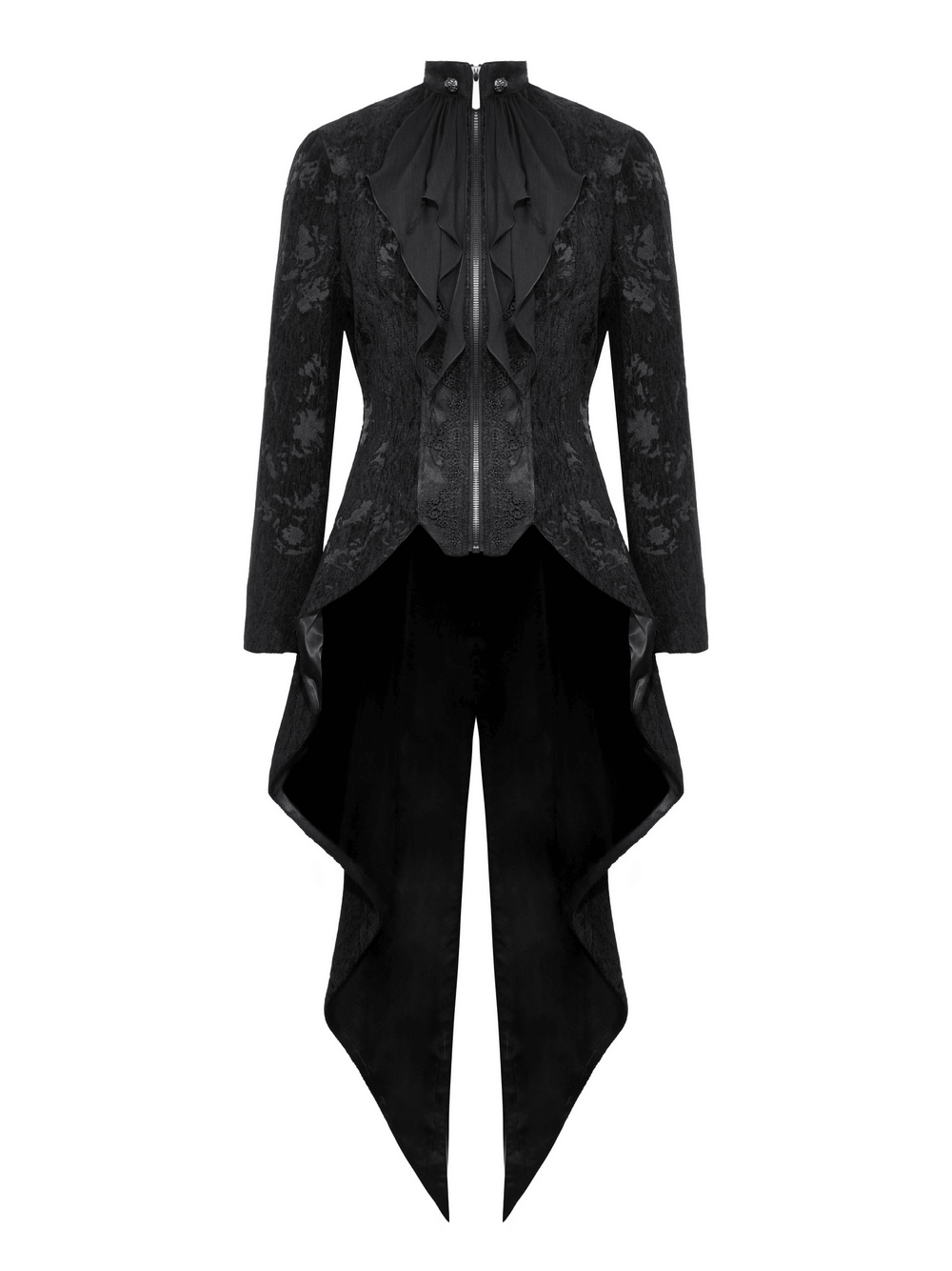 Elegant Gothic tailcoat with Victorian ruffled design in black lace and satin, perfect for steampunk and gothic themes.