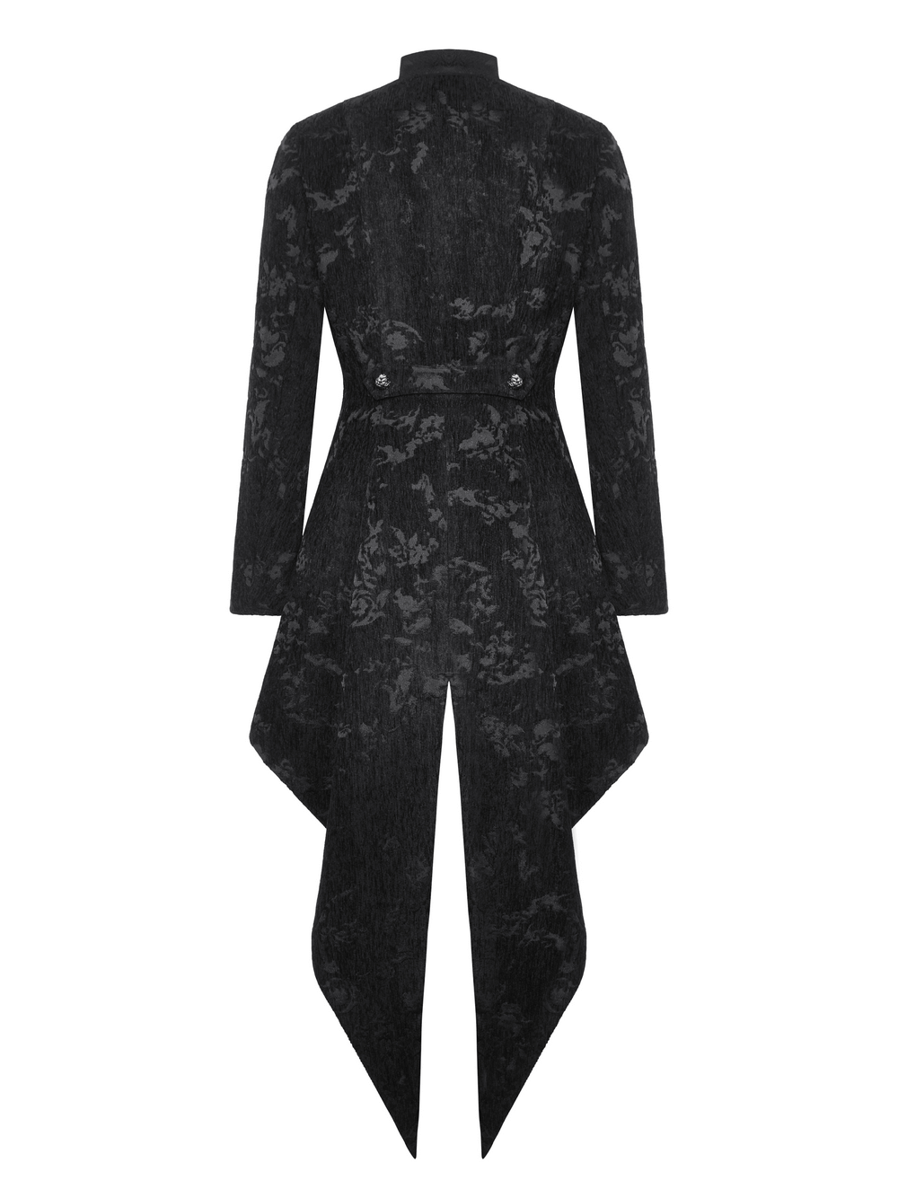 Elegant Gothic tailcoat with ruffled design, showcasing intricate floral patterns and dramatic long tail.