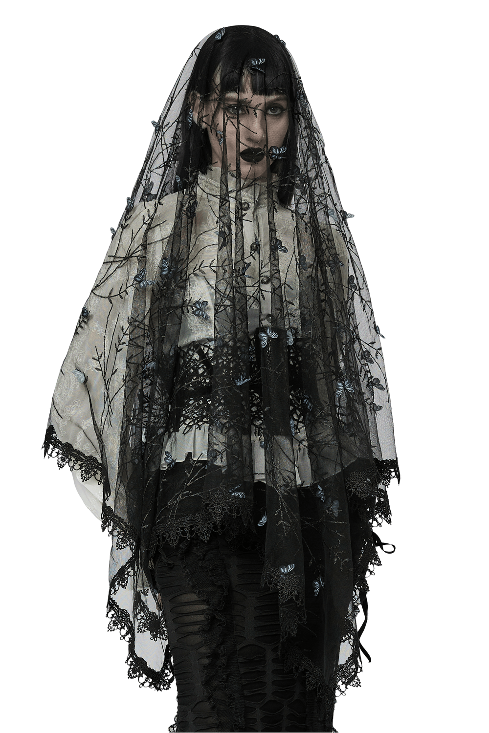 Elegant gothic three-dimensional black lace butterfly veil worn by a model, showcasing intricate floral design.