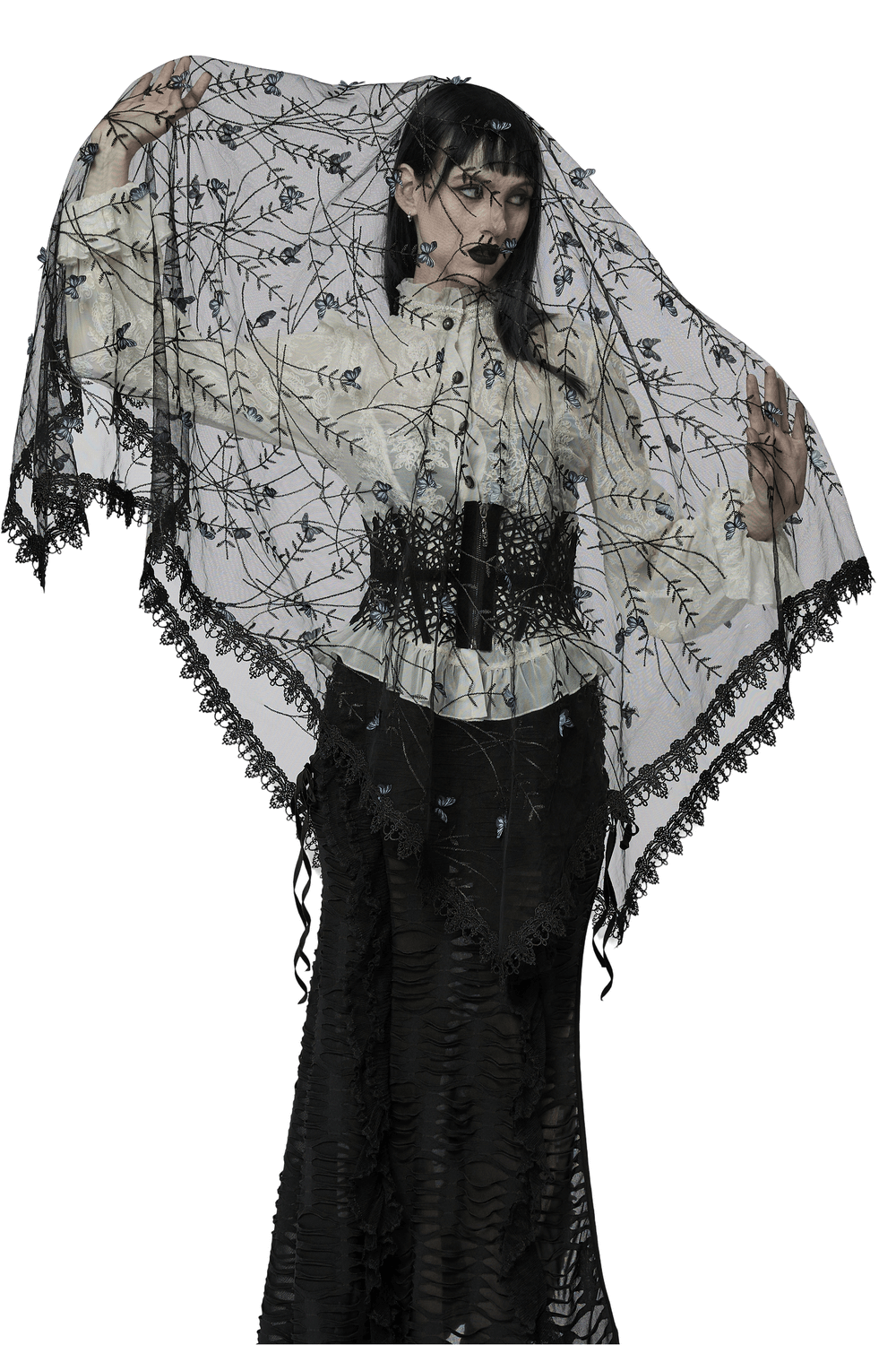 Elegant black lace gothic veil with floral design, perfect for themed parties and special occasions.
