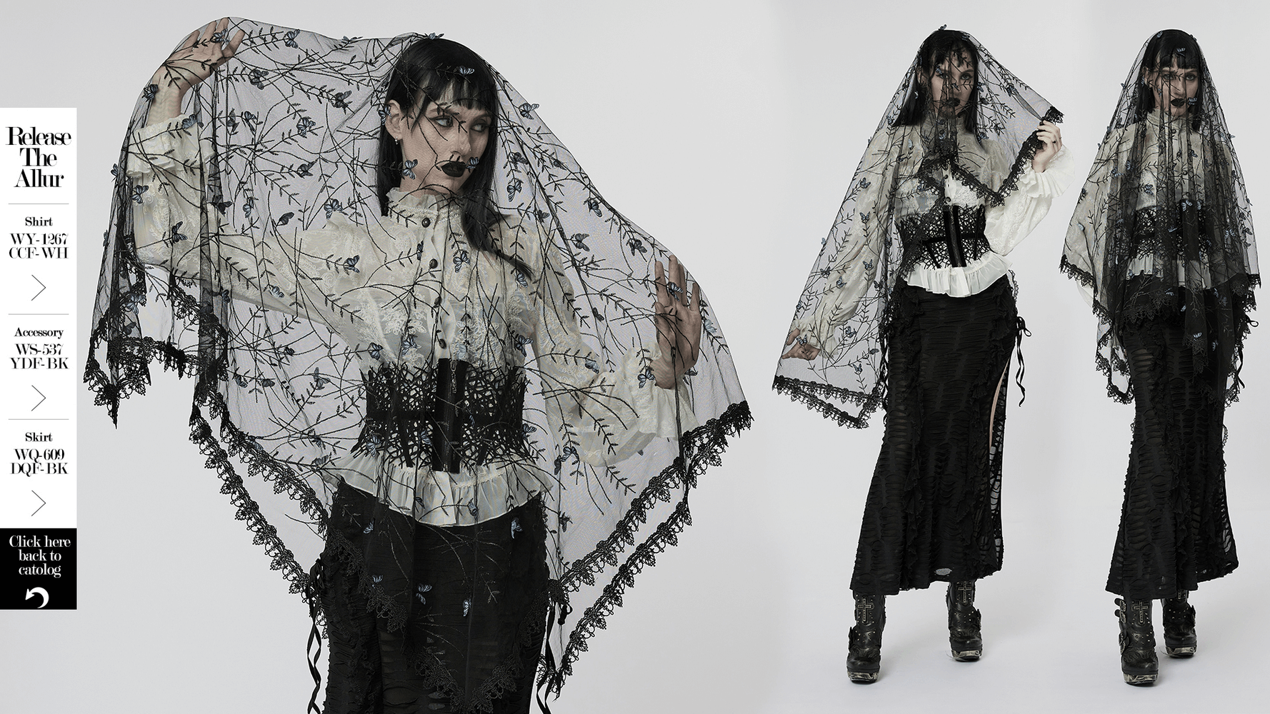 Elegant gothic black lace butterfly veil headpiece with intricate floral design for a dramatic look.