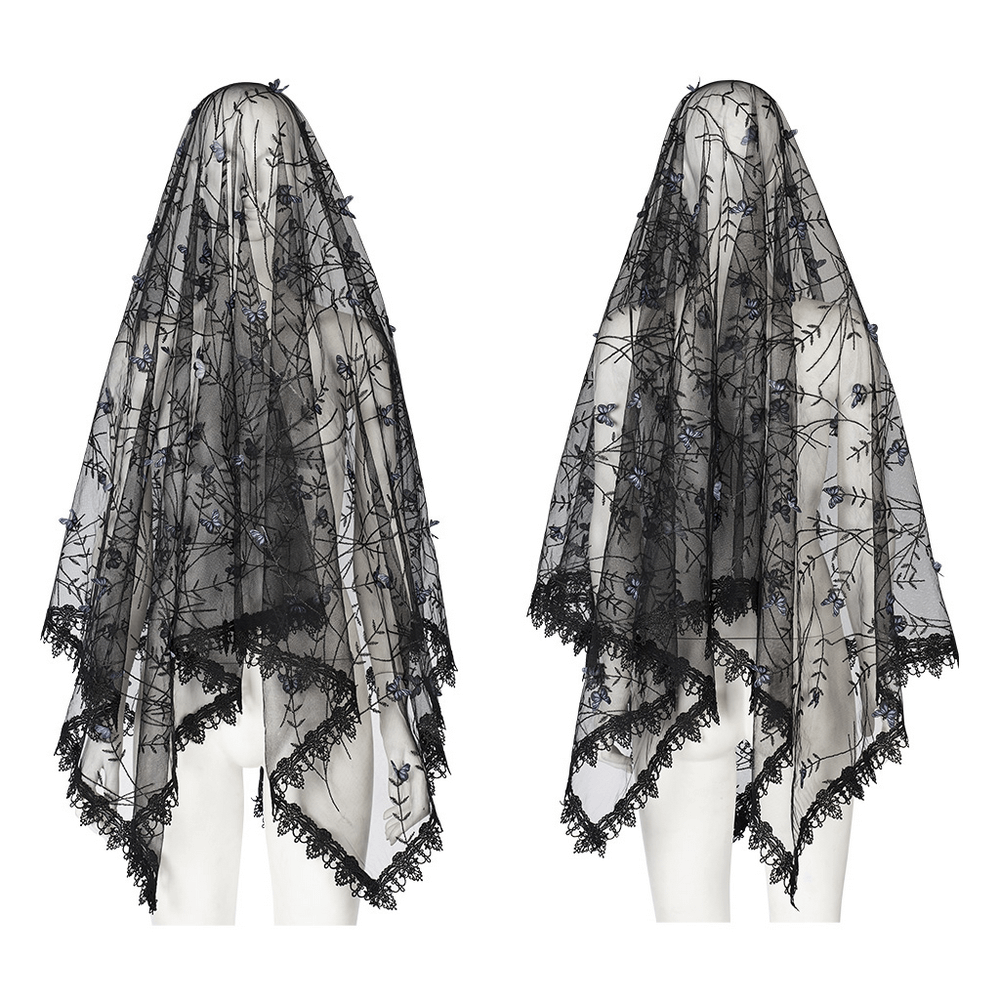 Elegant gothic butterfly veil featuring intricate black lace and floral embroidery for a dramatic look.