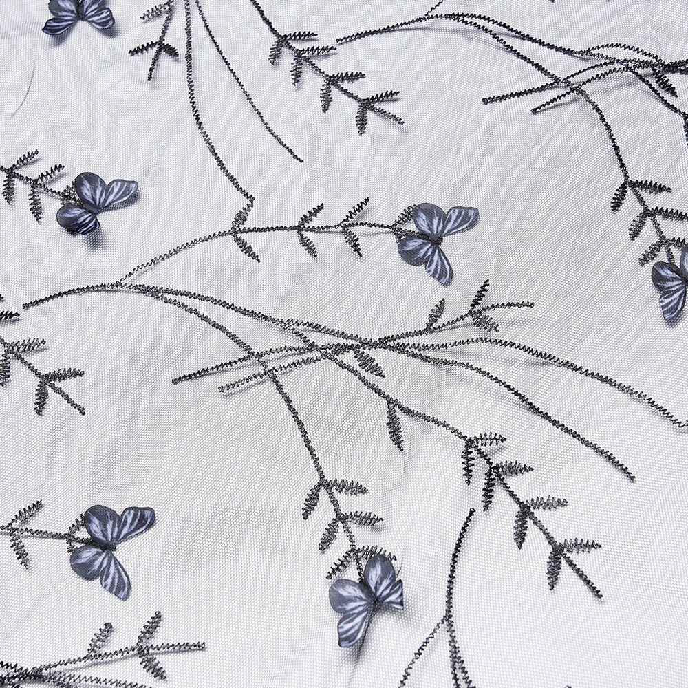 Elegant black lace fabric featuring intricate butterfly and floral designs, perfect for gothic-themed accessories.