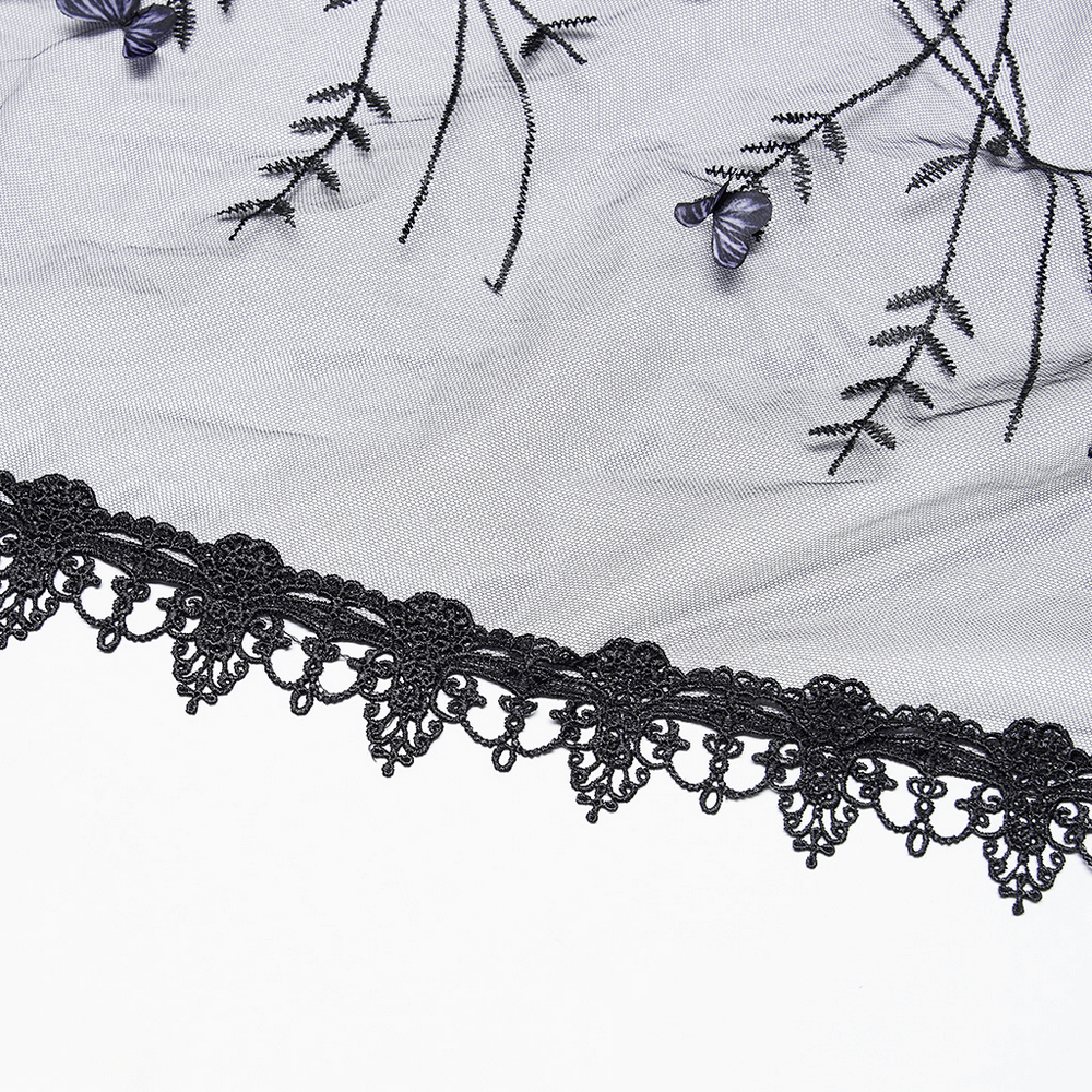 Elegant black lace veil with intricate floral design and butterfly accents, perfect for gothic themed occasions.