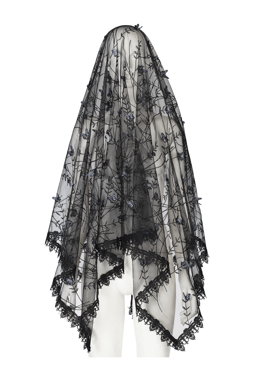 Elegant black lace butterfly veil with intricate floral design, perfect for gothic fashion and special occasions.
