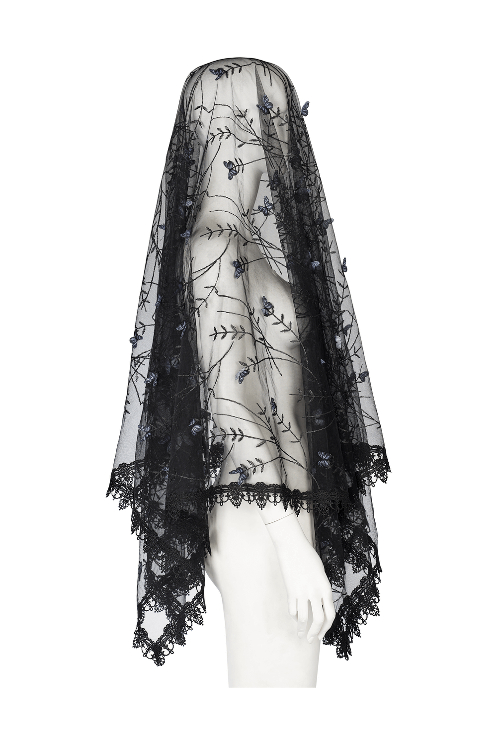 Black lace butterfly veil showcasing intricate floral design, perfect for gothic elegance at special occasions.
