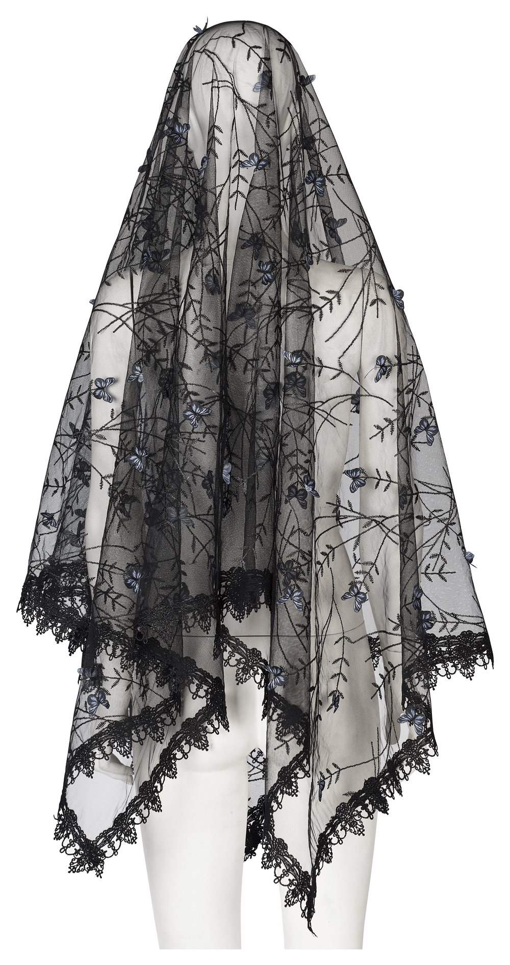 Elegant black lace butterfly veil with floral design, perfect for gothic-themed events and special occasions.