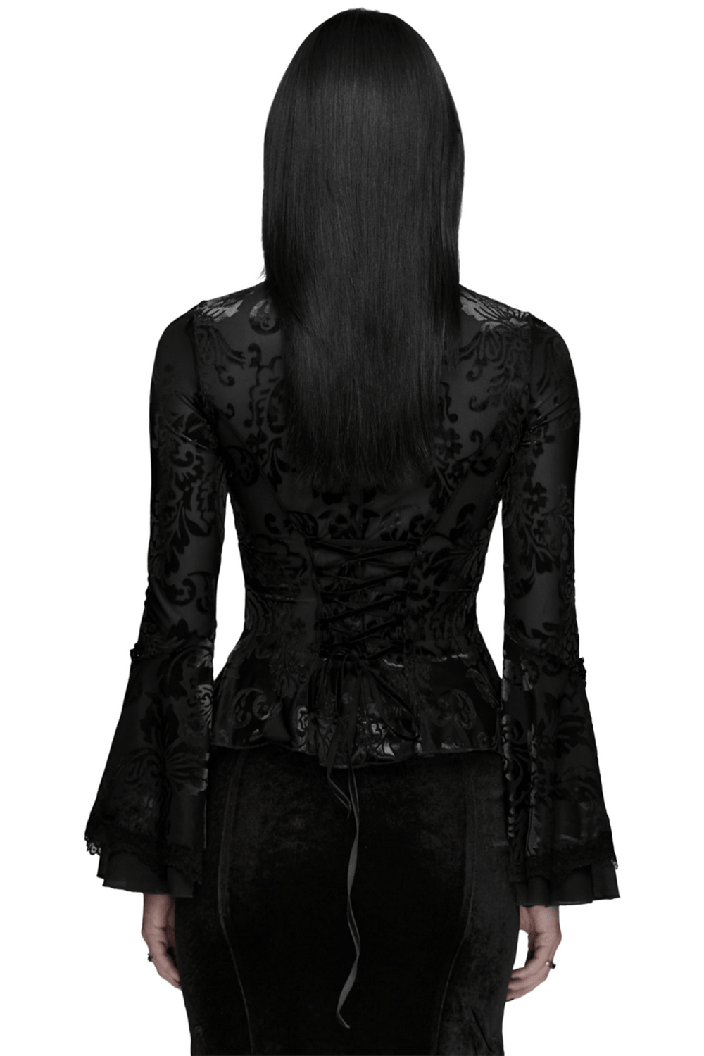 Elegant Gothic Top With Beaded Plunge and Lace Back view, showcasing intricate lace and elegant bell sleeves.