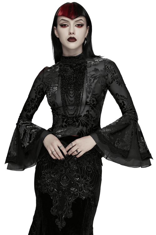 Elegant Gothic Top With Beaded Plunge and Lace Back