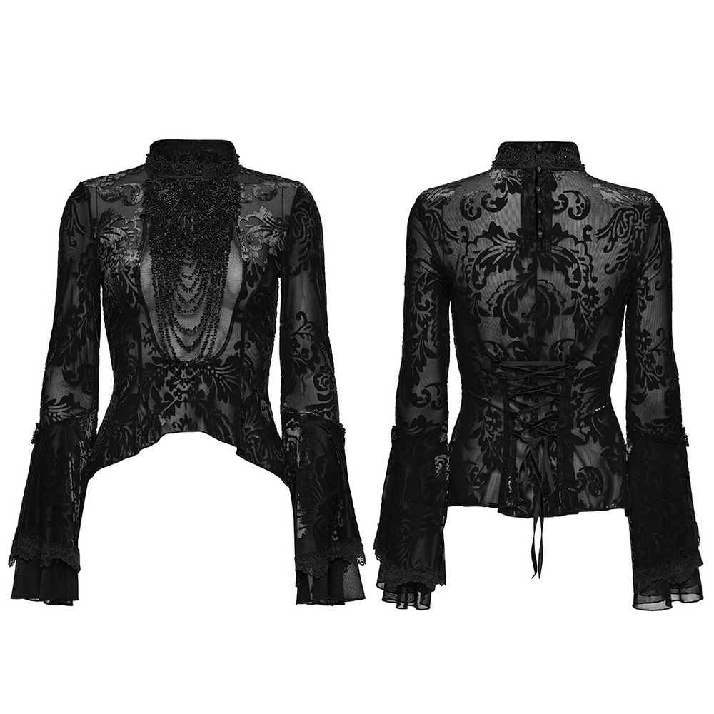 Elegant Gothic Top With Beaded Plunge and Lace Back featuring intricate designs and elegant details.