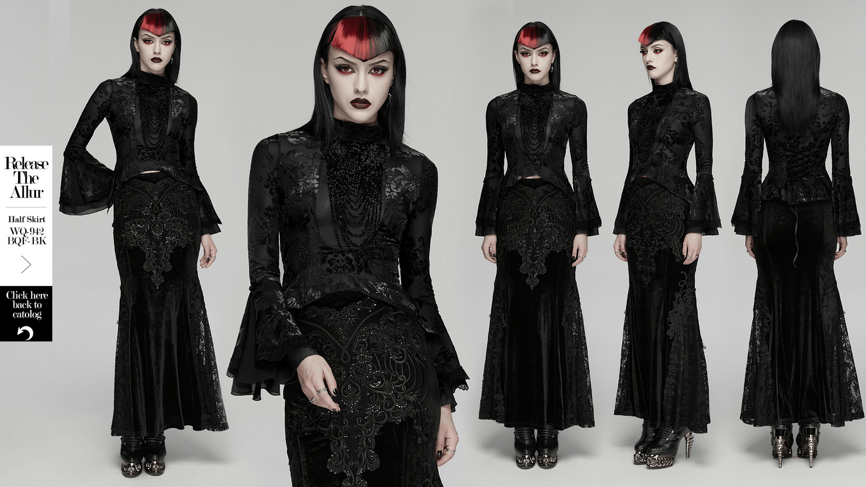 Elegant Gothic Top With Beaded Plunge and Lace Back showcased in a stylish gothic ensemble.