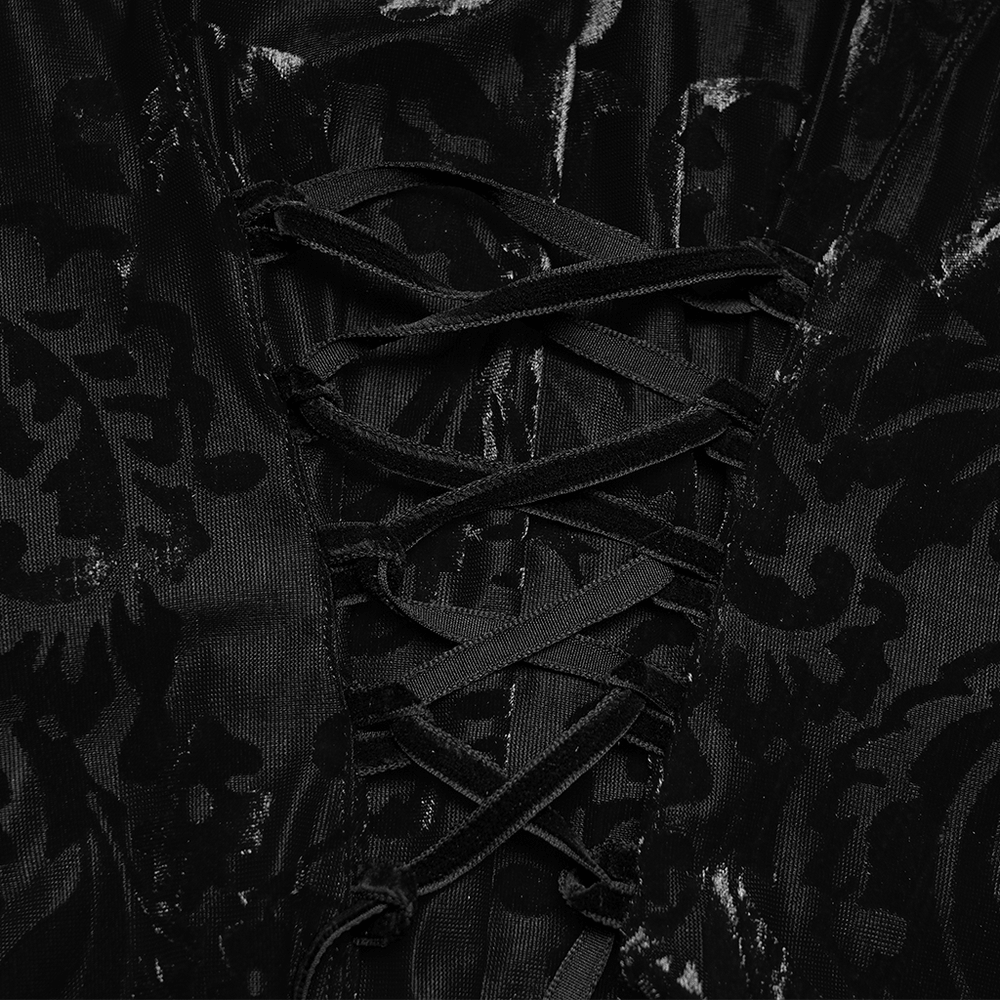 Close-up view of the Elegant Gothic Top With Beaded Plunge and Lace Back, showcasing intricate lace detailing.