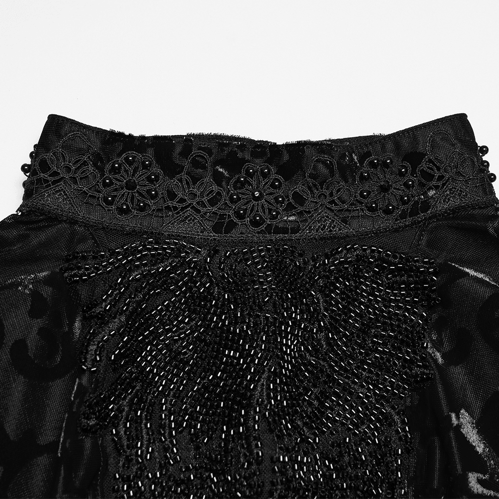 Elegant Gothic Top With Beaded Plunge and Lace Back featuring intricate beaded and lace detailing.