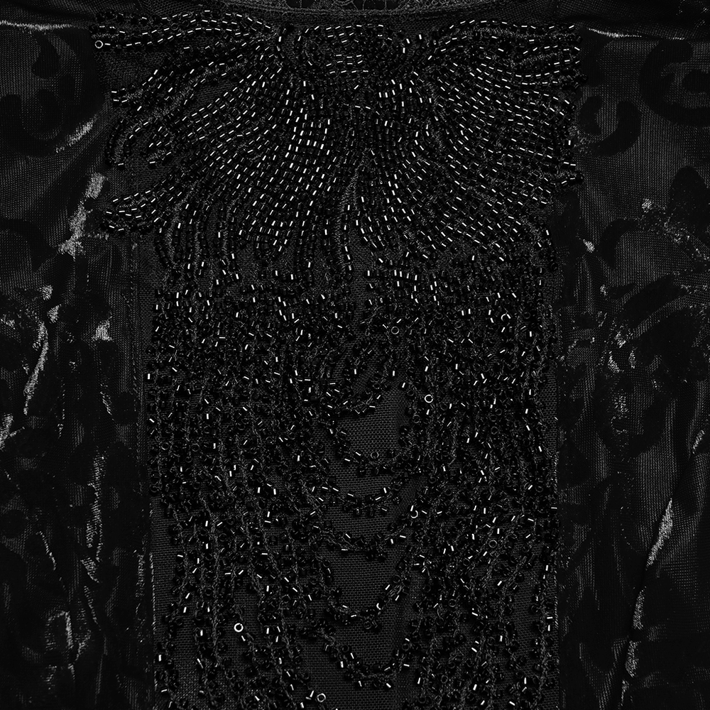 Elegant Gothic Top With Beaded Plunge and Lace Back showcasing intricate black beading detail.