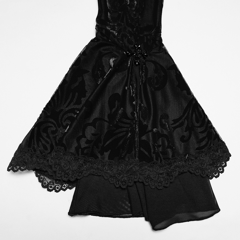 Elegant Gothic Top With Beaded Plunge and Lace Back showcasing intricate patterns and a lace trim.