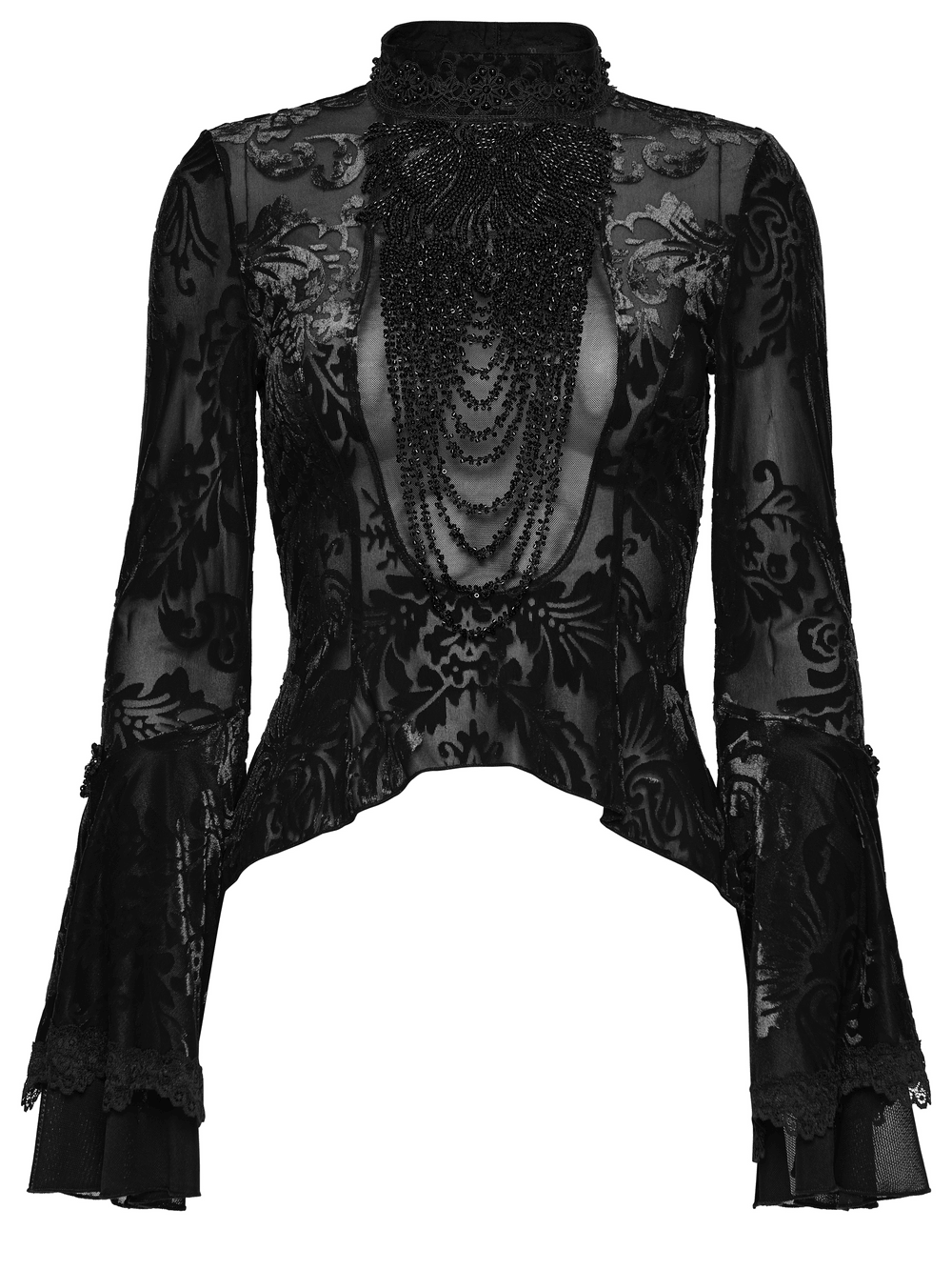 Elegant Gothic Top With Beaded Plunge and Lace Back featuring intricate lace and dramatic sleeves.