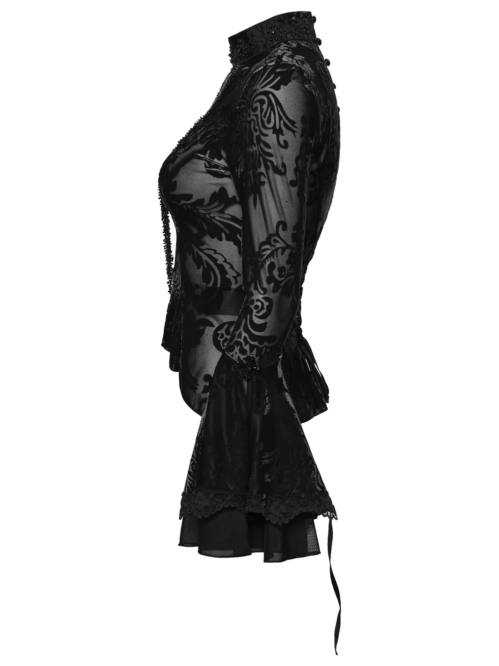 Elegant Gothic Top With Beaded Plunge and Lace Back side view showcasing intricate design and bell sleeves.