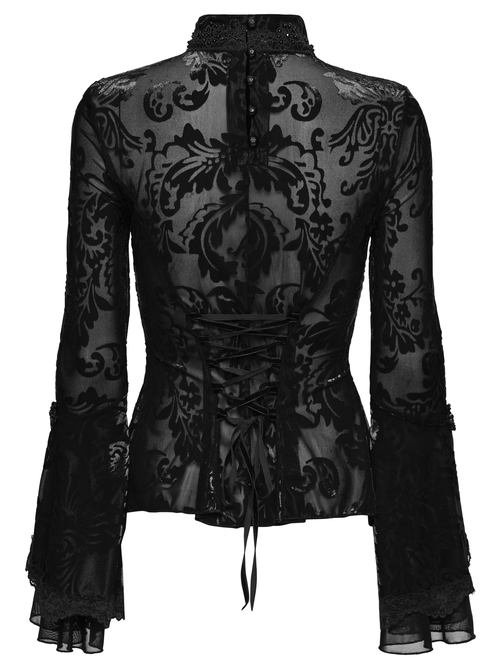 Elegant Gothic Top With Beaded Plunge and Lace Back showcasing a beautiful lace back design.