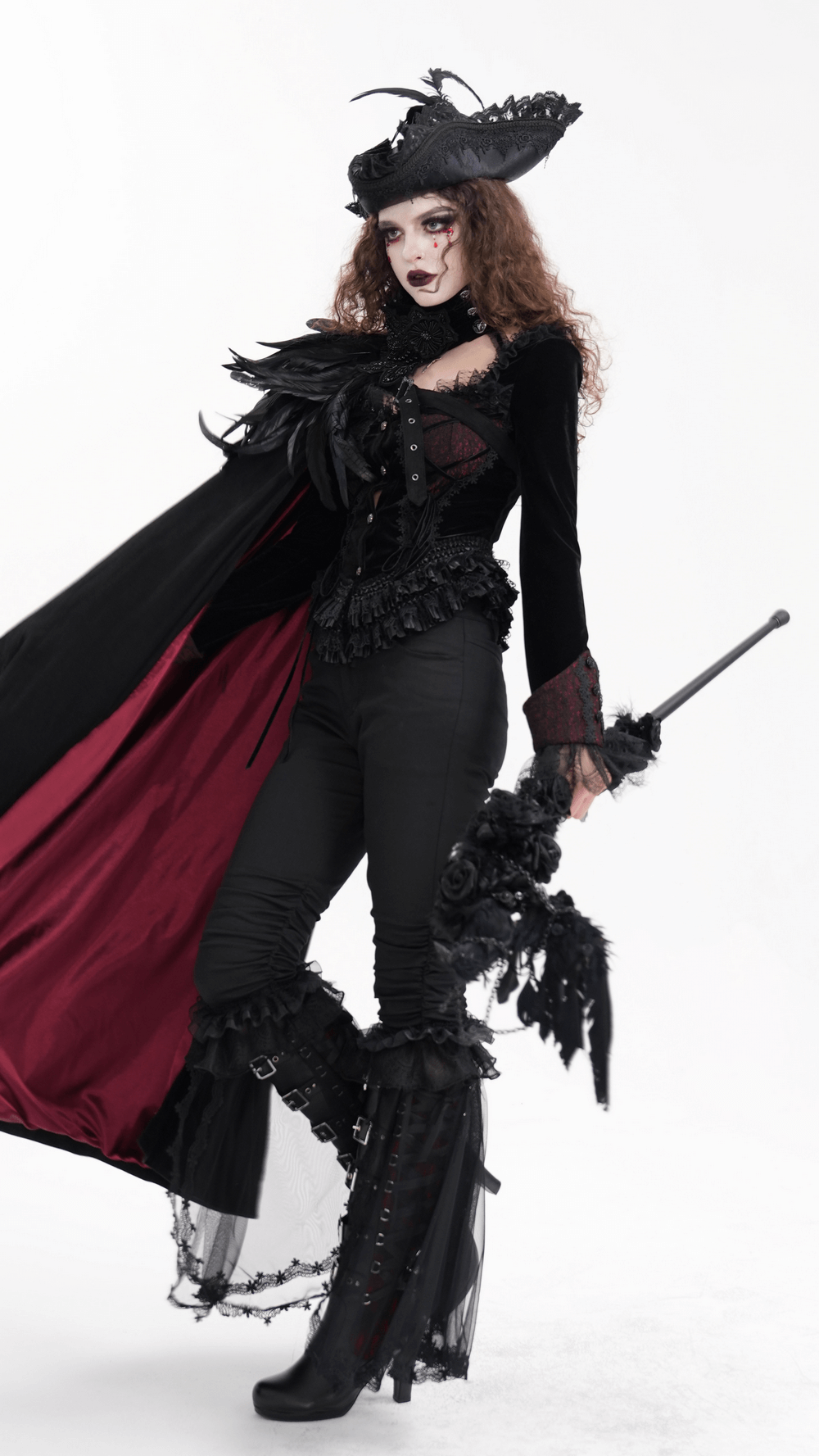 Model showcasing an Elegant Gothic Tricorn Hat with feathers and lace, perfect for Victorian cosplay and gothic events.