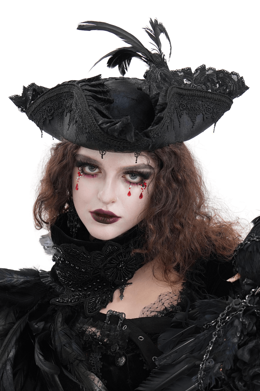 Elegant Gothic tricorn hat with lace and feather accents worn by a model, perfect for Victorian-inspired cosplay or events.