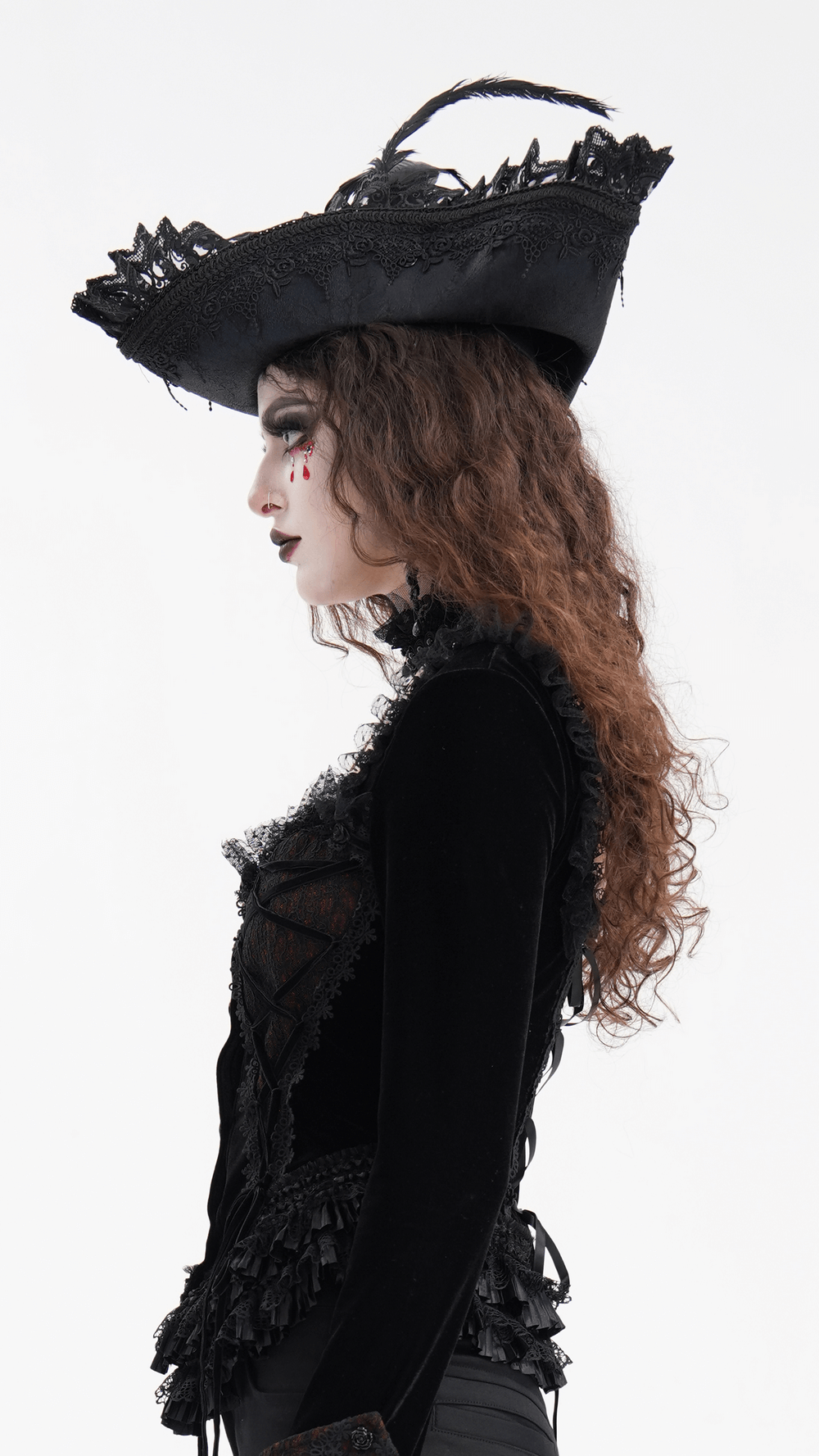 Elegant Gothic Tricorn Hat with lace and feather accents worn by model in Victorian-inspired cosplay outfit.