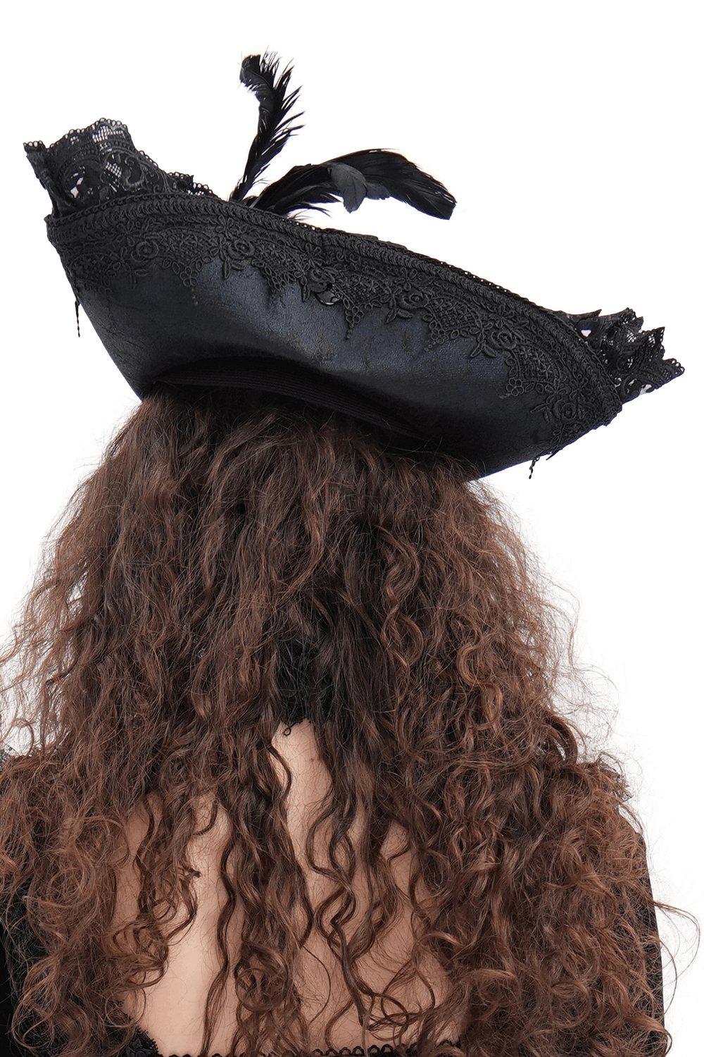 Woman wearing an elegant gothic tricorn hat with lace and feather accents, perfect for Victorian or pirate cosplay events.