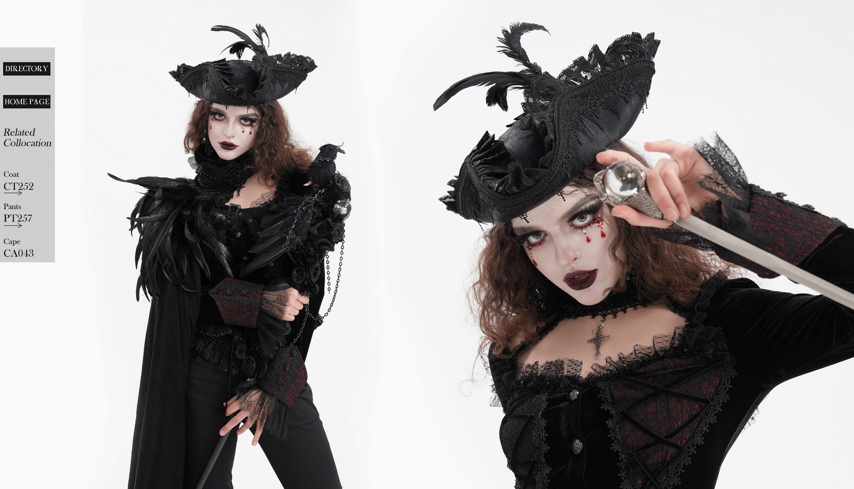 Elegant Gothic tricorn hat with lace and feather accents, perfect for cosplay and events in a striking Victorian style.